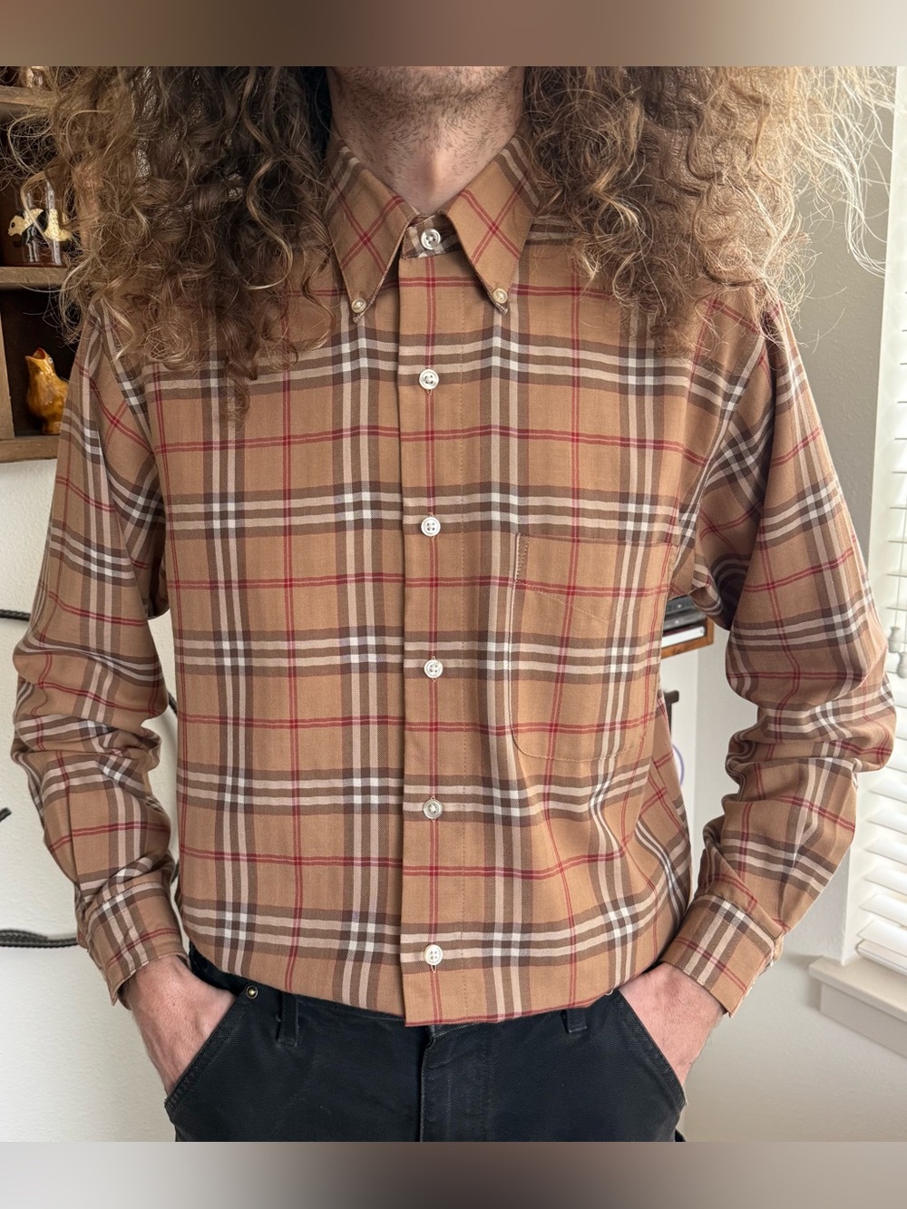 Vintage 90s Nova Check Plaid Herringbone Twill LS Button Down Shirt ~ Size Small